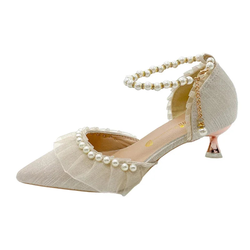 Elegant Pearl Weddings Bridal Pumps for Women 2026 Summer Silk Ankle Straps High Heels Shoes Woman Pointed Toe Dress White Shoes