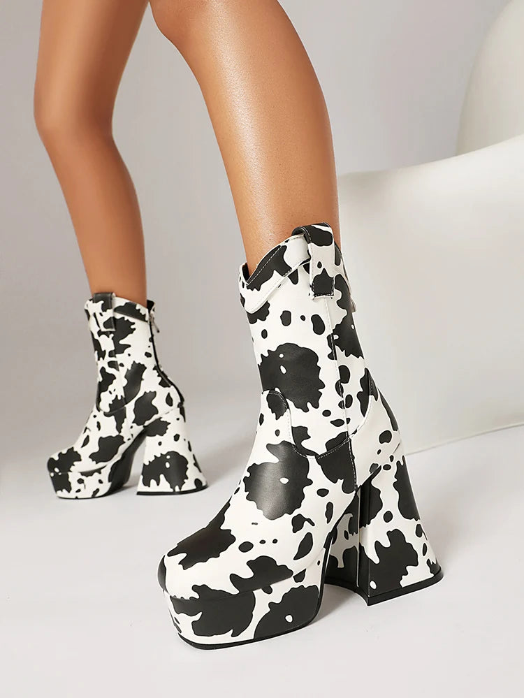Microfiber Cow Pattern Slip On Short Boots Ultra-High Shaped Tapered Thick Heel Platform Denim Material Ankle Boots