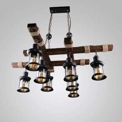 8 Lights Retro Wood Pendant Lights 8 Head Vintage Industrial Loft Glass Iron LED Chandelier Suspension Lamp Wooden Droplight