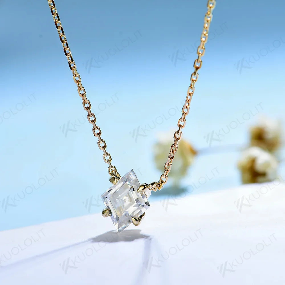 Kuololit 1CT Rhomboid Moissanite Necklaces for Women Solid 10K 14K 18K 925 Silver Moissanite Pendant with Chain for Engagement