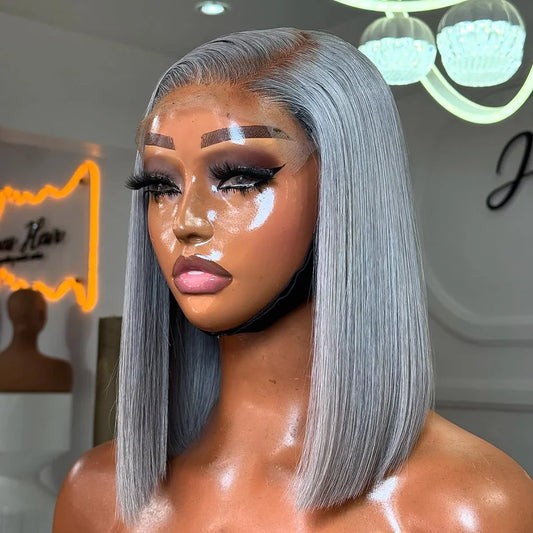 Silver Grey Lace Front Short Bob Wig Grey Colored Straight 13x4 HD Lace Front Wigs Human Hair 10 12 14 16 Inch For Black Women