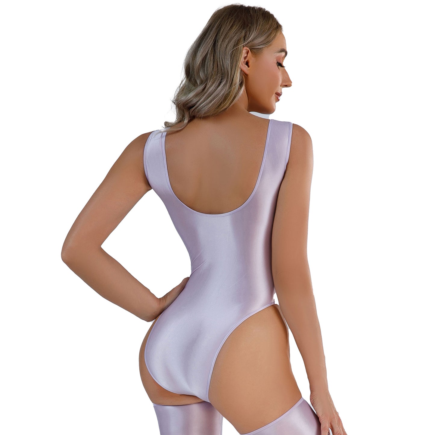 Women's Swimsuit One Piece Swimwear Oil Glossy Stretchy Gym Fitness Long Sleeve Round Neck Tights Leotard Bodysuit Clubwear