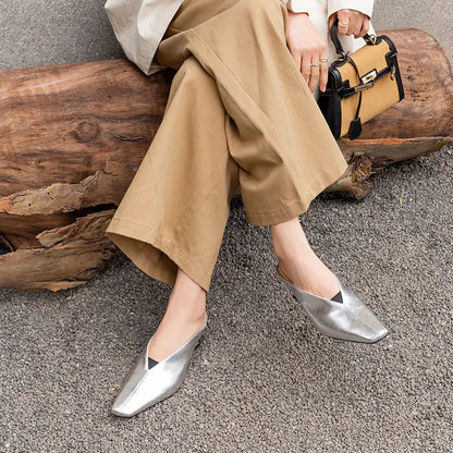 Luxury Gold Silver Leather Women's Mules Strange High Heels Wedge Women's Slippers Elegant Evening Dress Shoes Heels for Ladies
