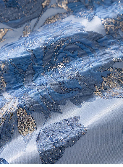 Women Blue Jacquard Beaded Dress Short Sleeve Round Neck a Line Elegant Slim Fit Summer Party Fashion Luxury Midi Dress