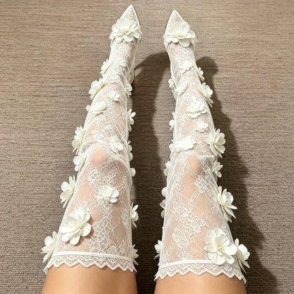 White Back Zipper Flower Decor Boots Pointed Toe Heels Thin High Heels Shoes High Heel Shoes for Women New Zapatos Para Mujere