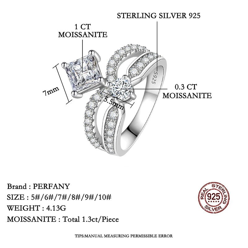 PERFANY 1.3CT Moissanite Ring for Women S925 Pure Silver Crown Double Layer Design Laboratory Diamond Wedding Luxury Jewelry