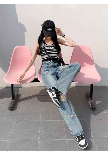 Trendy Ripped Straight Leg Jeans Women's Spring Summer High Waist Loose Wide Leg Pants Slimming Design Casual Denim Jeans