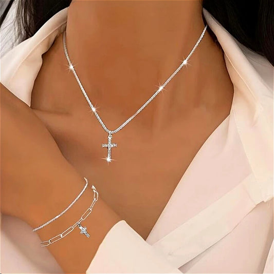 Sparkling 925 Sterling Silver Gypsophila Necklace Bracelet Set For Women Luxury Zircon Cross Pendant Three Piece Jewelry Set