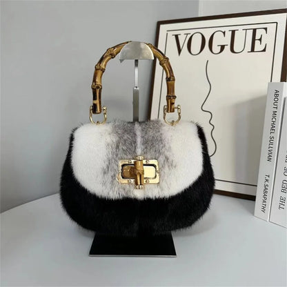Fur Women's Mink Fur Bag Luxury Warm Plush Wrist Bags  Women Fashion Furry Short Handle Clutch Cute Ladies Fur Bags For Women