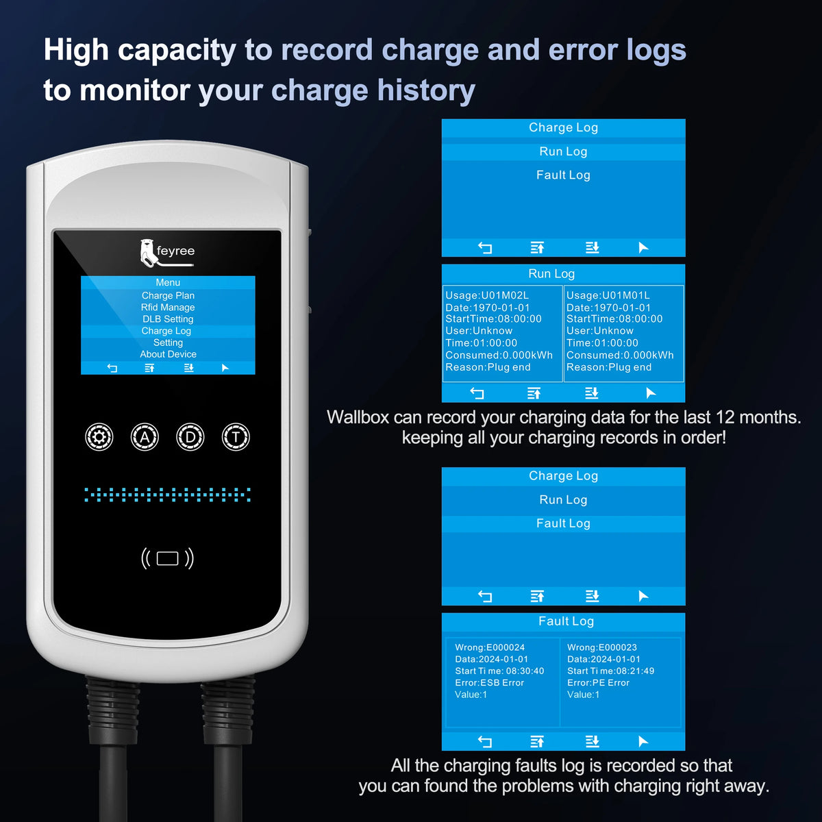 Feyree GB/T EV Charger 7.6kw 32A Dynamic Load Balancing Wallbox 4.3inch LCD Wifi APP Charging Log 11KW 22KW 3P Charging Station