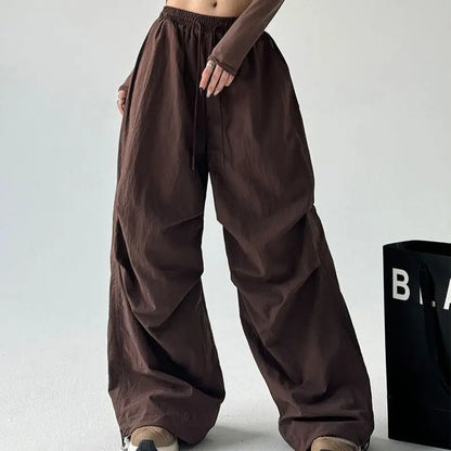 Women's Brown Parachute Pants 2026 Summer New Loose Straight Wide Leg Trousers Casual Quick Dry Cargo Pants Streetwear