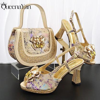 New Arrval Print and Colorful Rhinestone Design Lilac Color Party Wedding Shoes and Essential for Banquets, Exquisite HandBag
