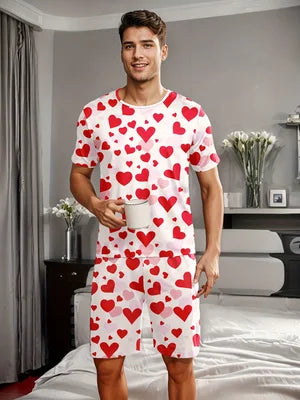 Men's pajama set with heart-shaped prints, comfortable summer clothing
