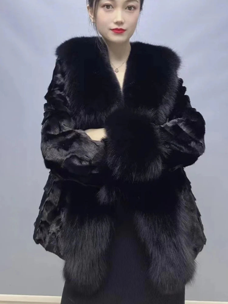 OFTBUY 2023 New Autumn Winter Women Real Mink Fur Outerwear Big Collar Coat High Quality Luxury Warm Middle Length Cardigan