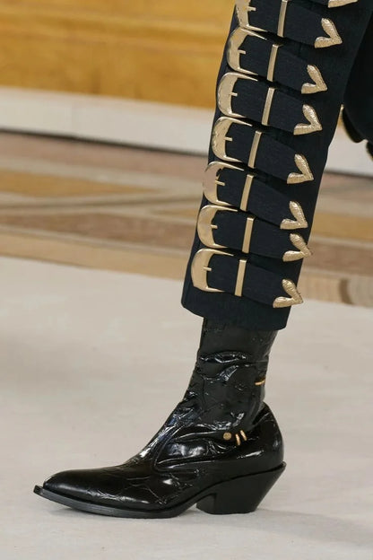 Genuine Leather Bling Rhinestone Pointed Toe Mid-Calf Women Boots Chunky High Heels Back Zipper Design Special Design Shoes