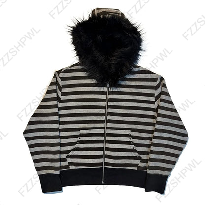 Women's 2025 Gothic Aesthetic Autumn Winter Fur Collar Hoodie Casual Slim Chic Design Cardigan Sweatshirt 2000s Harajuku Clothes