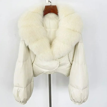 Winter Female White Duck Down Jacket Luxury Loose Short Fashion Casual Women Warm Real Fox Fur Coat Long Sleeve Puffer Jacket