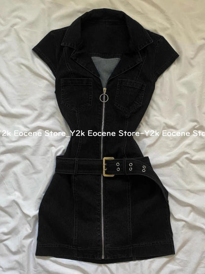 American Retro Black Denim Short Dress Women Summer Zipper Elegant Slim One Piece Dress Korean Fashion Design Casual Clothing