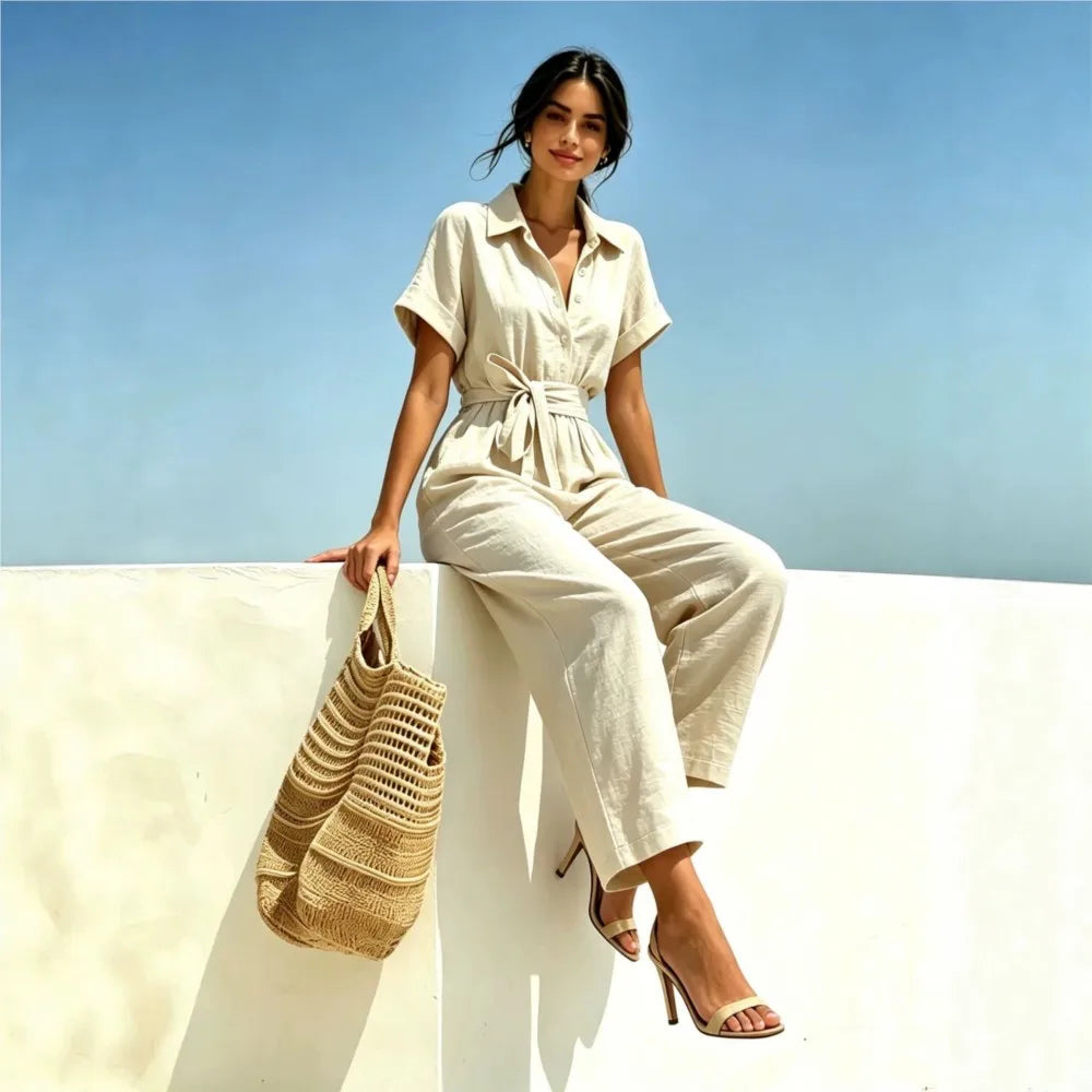 2026 Women's Shirts And Jumpsuits Fashion V-neck Lace Up Wide Legs Summer Casual Resort Female Short Sleeve Rompers Shirts Pants