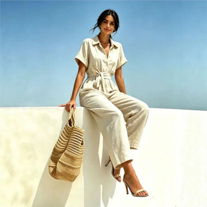 2026 Women's Shirts And Jumpsuits Fashion V-neck Lace Up Wide Legs Summer Casual Resort Female Short Sleeve Rompers Shirts Pants