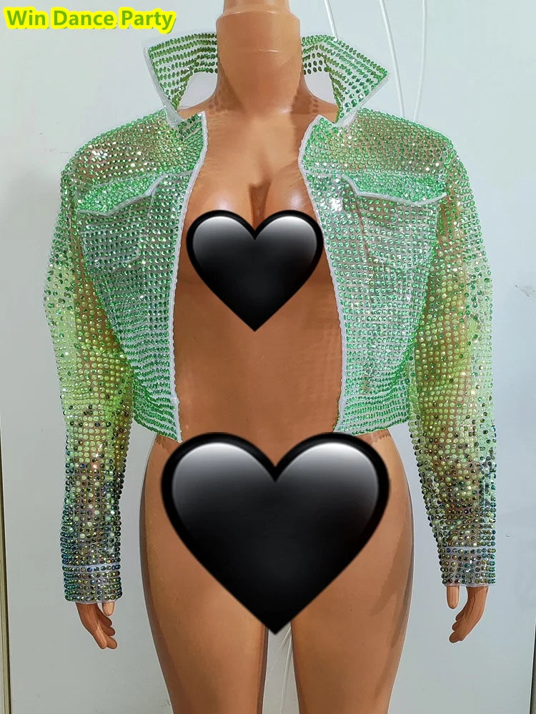 Mesh Fluorescent Full Diamond Slim Fit Hip Wrapped Jumpsuit Jacket Singer Model Nightclub Bar Performance Costume