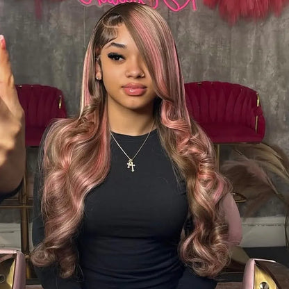 Highlight Pink Brown Dark Root Closure Wig Real Hair 13x6 13x4 HD Lace Front Human Wig For Women Pre Plucked Body Wave Glueless