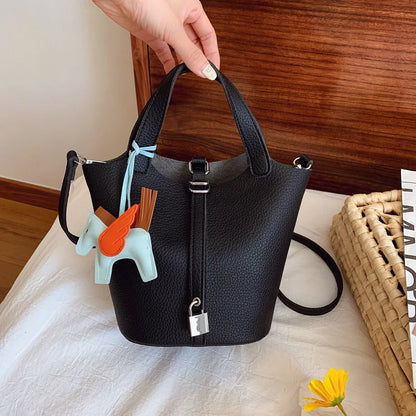 Fashion Vegetable Basket Bucket Bag Women's Autumn New Lychee Pattern Shoulder Bag Simple Solid Color Niche Messenger Bag