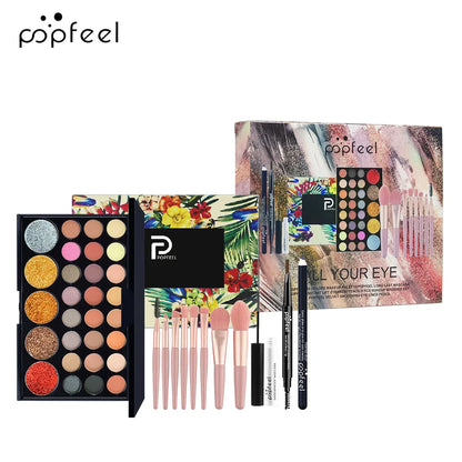 Essential Eye Makeup Set for Beginners Matte&Shimmer Eyeshadow Palette, Mascara, Eyebrow Pencil, Lip Eyeliner,Brush Tool Set Box