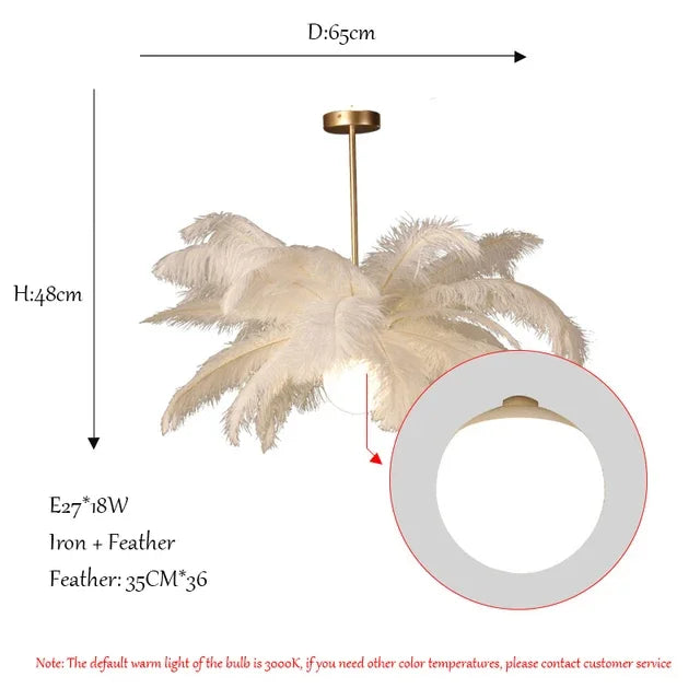 Nordic White Ostrich Feather Pendant Light Modern Led Chandelier Lights for Living Dining Room Children's Decor Hanghing Lamp