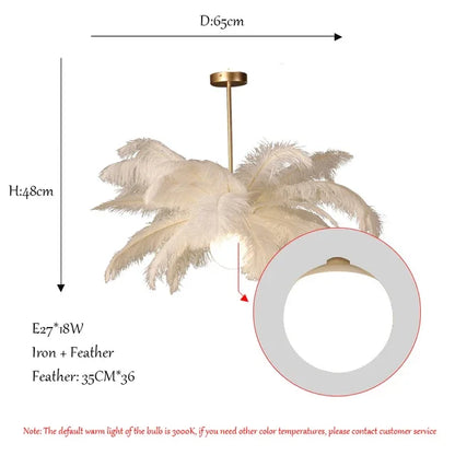 Nordic White Ostrich Feather Pendant Light Modern Led Chandelier Lights for Living Dining Room Children's Decor Hanghing Lamp