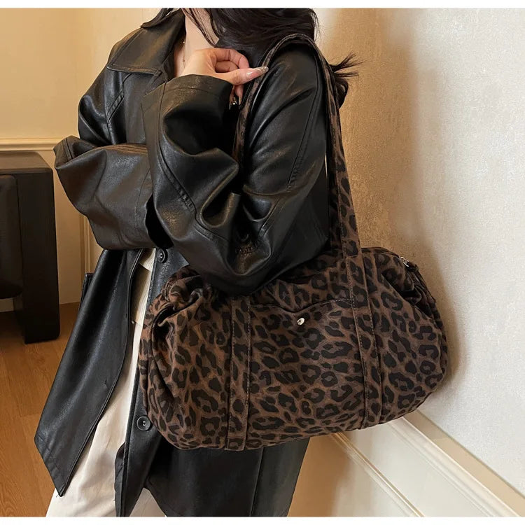 Trendy Leopard Print Canvas Shoulder Bag Large Capacity Fashion Tote Handle Bag for Daily Commute Versatile Texture Storage Bags