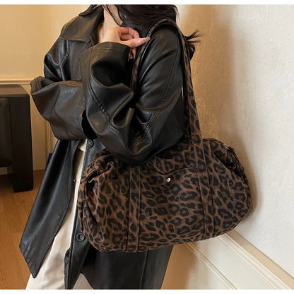 Trendy Leopard Print Canvas Shoulder Bag Large Capacity Fashion Tote Handle Bag for Daily Commute Versatile Texture Storage Bags