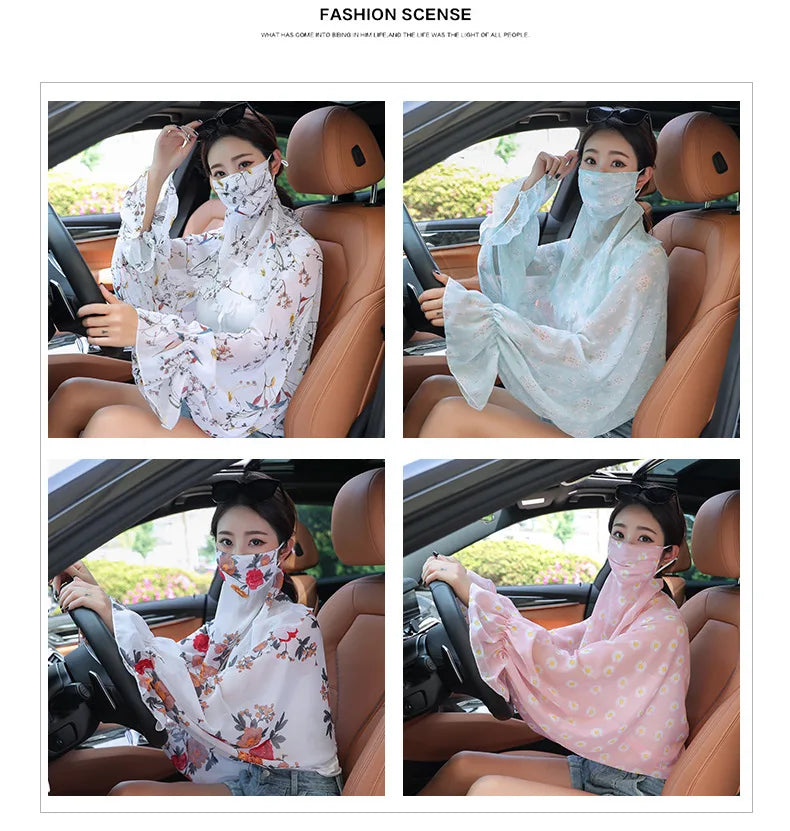 Cycling Sun Protection Shawl Driving Ice Silk Neck Face Cover Scarf Cooling Outdoor Cover Up Breathable Long Flared Sleeve Cape