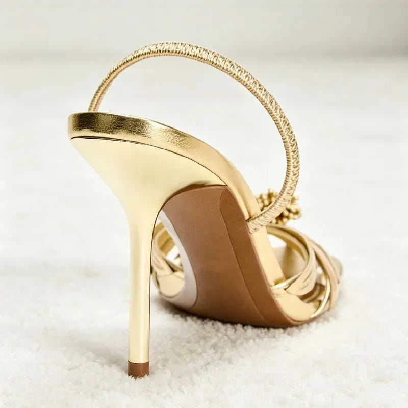 Gold Flower Designer Backless Women's Sandals Summer 2026 Novelty Sexy Pointed Toe Pumps Heels Women Luxury Banquet Party Shoes