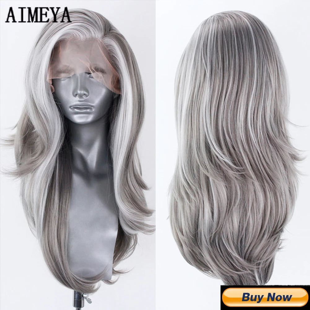AIMEYA Long Straight Lace Wigs 13X4 Lace Frontal Free Part Synthetic Hair Wig with Special Hairline For Women Cosplay Black Wigs