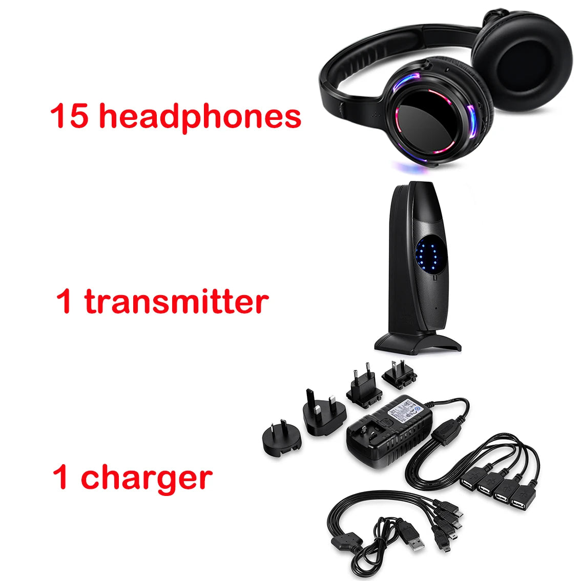 LED Transmitter Silent Disco Headphones for Quiet Events Parties Meetings Yoga - Adjustable Volume Wireless Music Headsets
