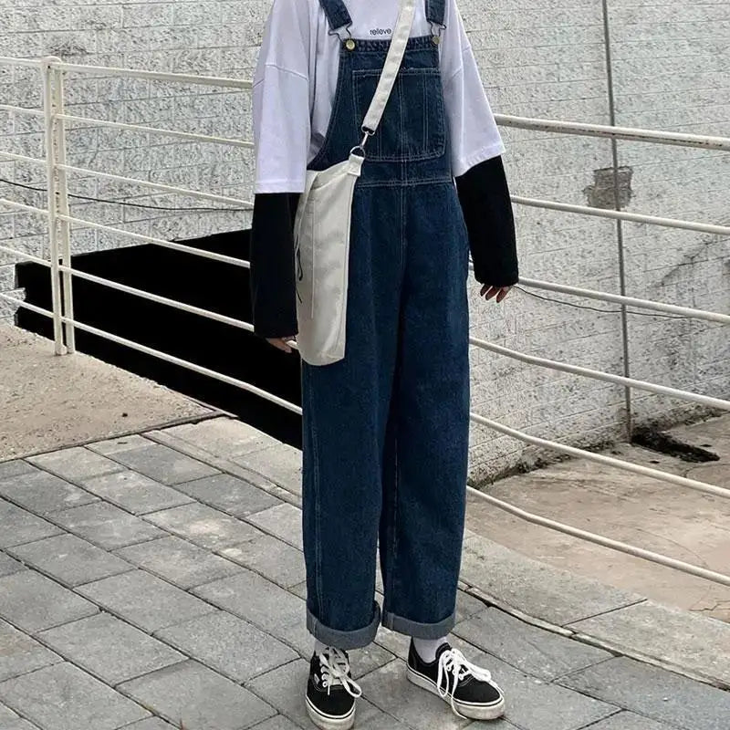 5XL Large Size Jumpsuit Women's Jeans Rompers Retro Big Pocket Loose Denim Overalls Korean Shoulder Strap Wide-leg Overalls