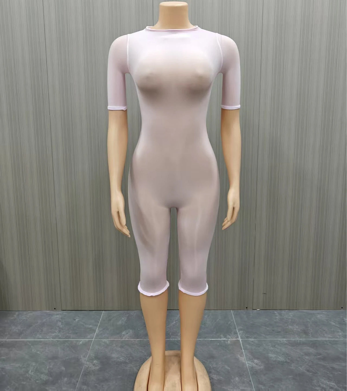 FLARORA Sexy Mesh See Through Rompers Woman Trend O Neck Short Sleeve Skinny Peach Hip Playsuits Stretch Midnight Party Clubwear