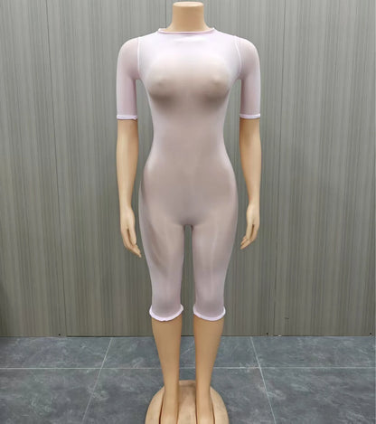 FLARORA Sexy Mesh See Through Rompers Woman Trend O Neck Short Sleeve Skinny Peach Hip Playsuits Stretch Midnight Party Clubwear