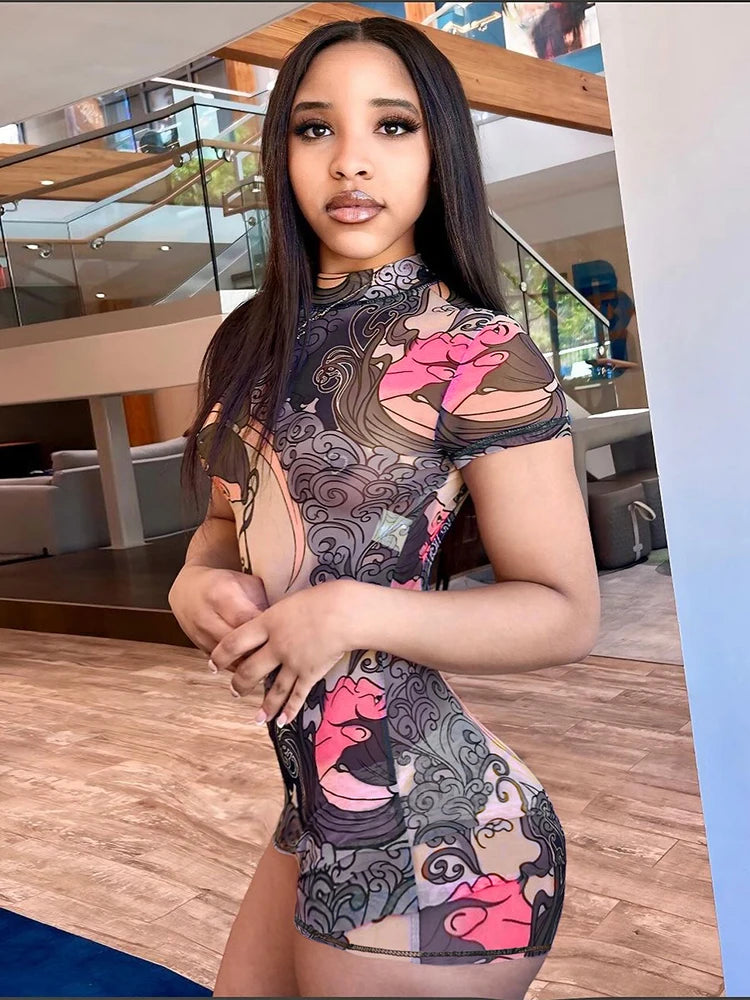 Weird Puss Backless Playsuit Women See Through Shorts Sleeve Peach Buttocks Summer Trend Aesthetic Print Midnight Club Romper