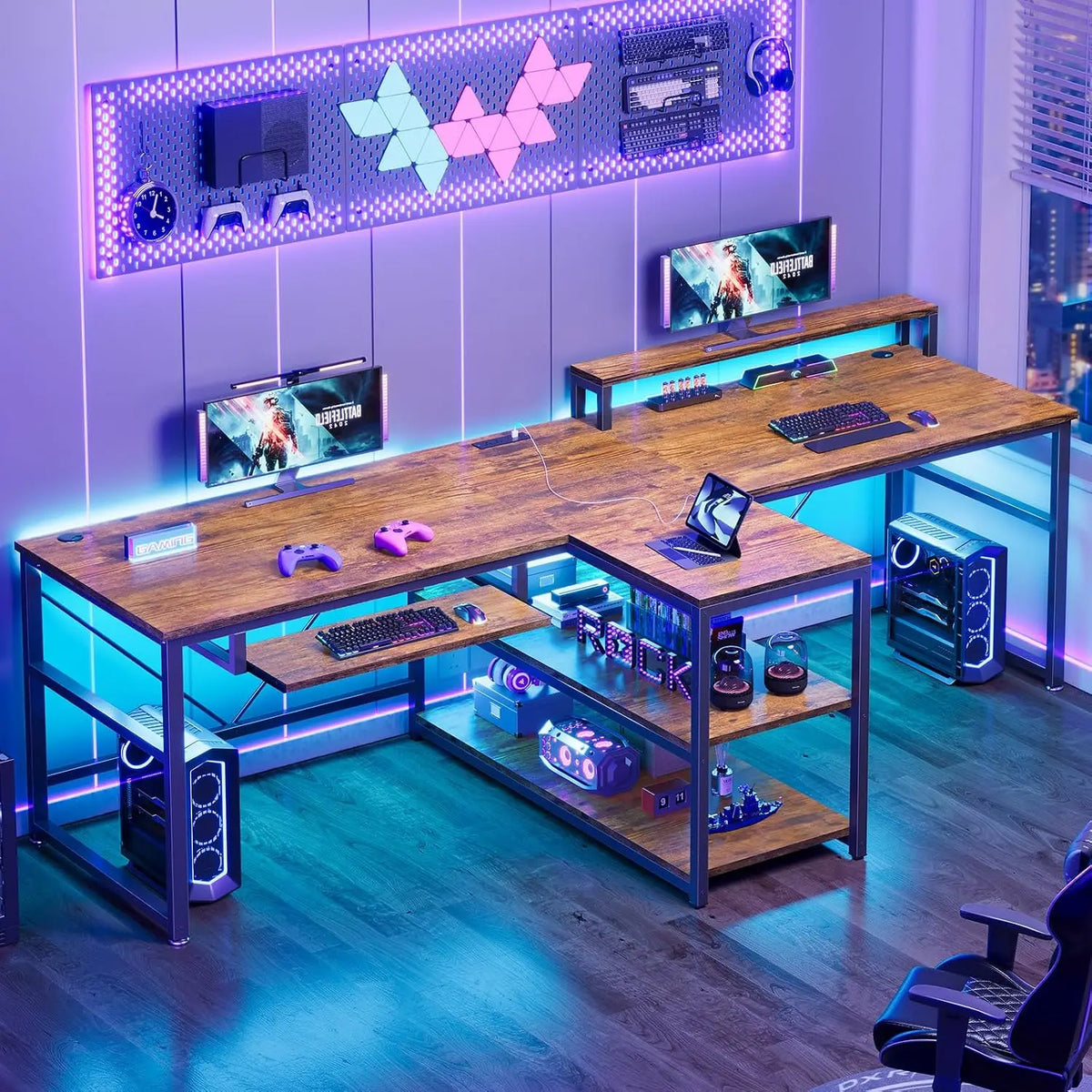 94.5" 2 Person Gaming Desk with Storage Shelves, LED Light, Black | Double T Shaped Office Desk with Keyboard Tray,, Custom