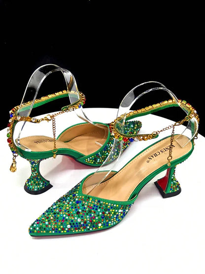 Vemus Chan 2026 New Shiny Italian Fashion Women’s Pointed Toe Heels with Rhinestone Detailing & Matching Green Color Bag Set