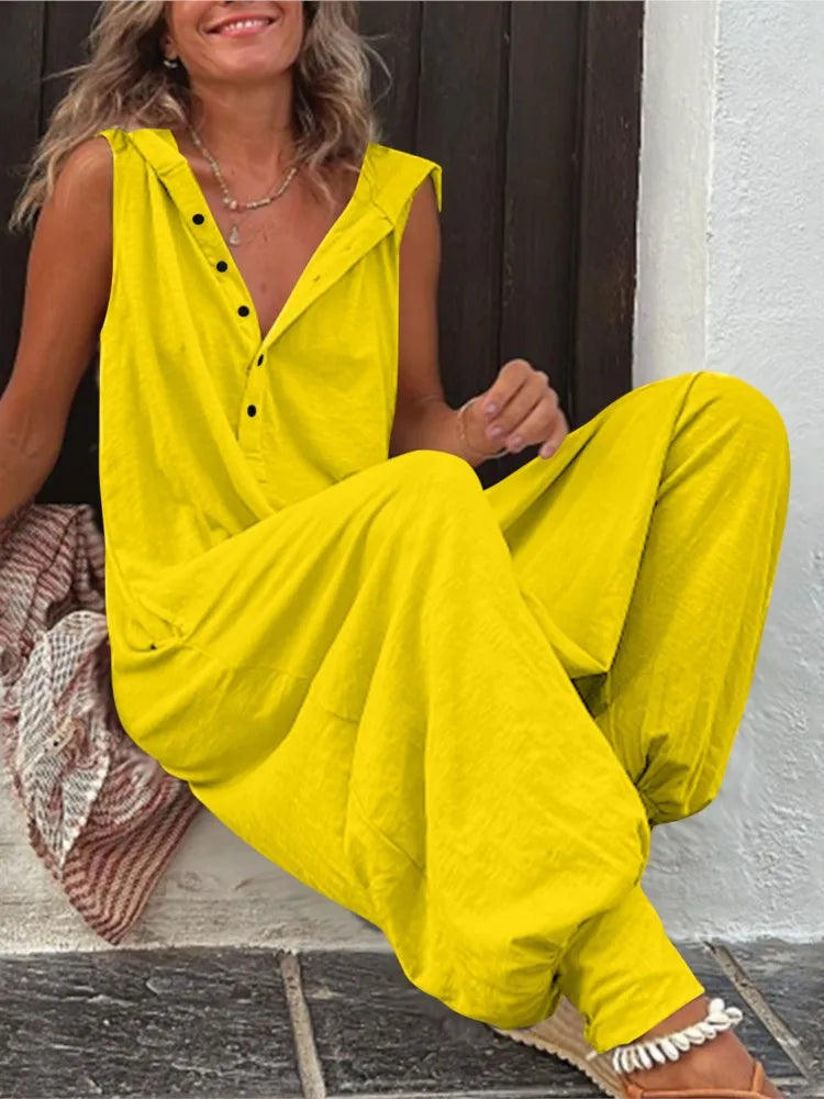 Fashionable Sleeveless Hooded Collar Jumpsuit Women Spring Summer Button Pocket Loose Casual Baggy Pants Jumpsuits Female
