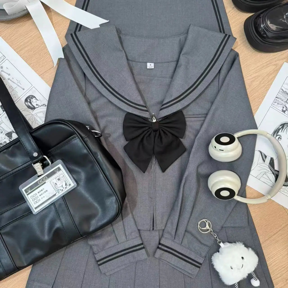 Basic Grey Sailor Suit Set, School Uniform, Preppy Style, Short-sleeved, Long-sleeved, and Short-skirted.
