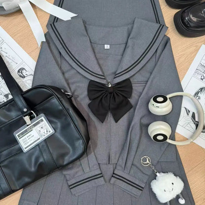 Basic Grey Sailor Suit Set, School Uniform, Preppy Style, Short-sleeved, Long-sleeved, and Short-skirted.
