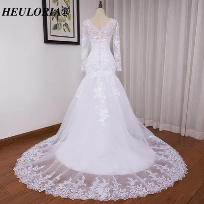 HEULORIA Mermaid Wedding Dresses long sleeve V neck bride dress lace applique beading wedding gown Robe de mariage customize