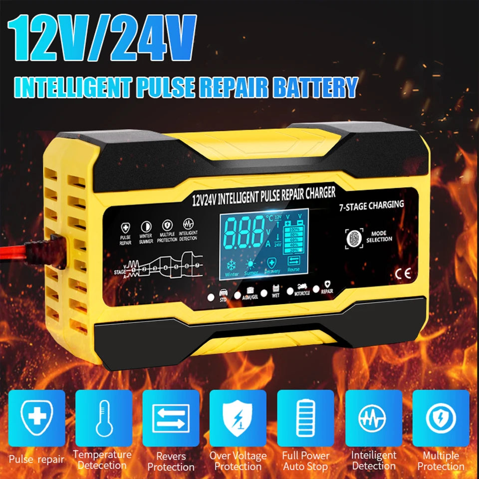 12V 24V Car Battery Charger 10A Smart 7-Stage Pulse Repair Fast Charger, AGM GEL WET Lead Acid Battery Maintainer