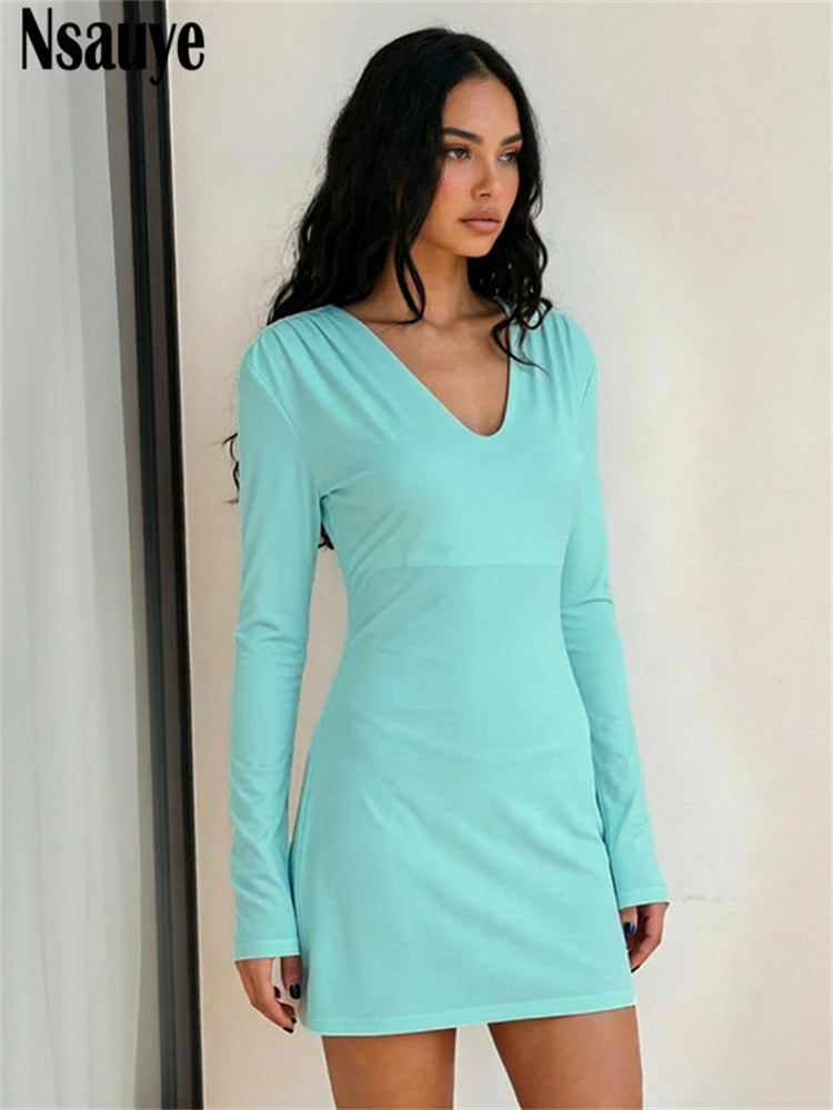Nsauye Women's Casual Long Sleeve V Neck Slim Dress Women Clothing Elegant Shoulder Pads Short Dresses Vestidos