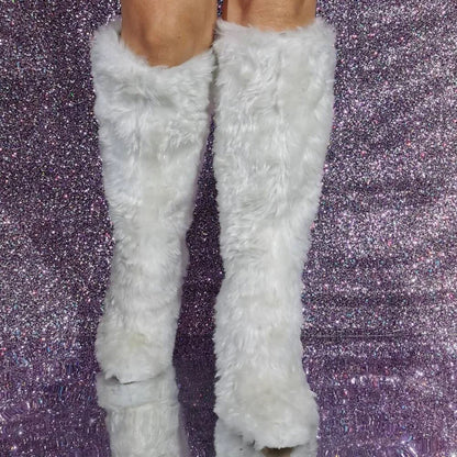 Lemon Yellow Fur Knee High Boots Women Full Fluffy Fur Pointed Toe Orange High Heels Winter Boots Female Fashion Warm Snow Shoes