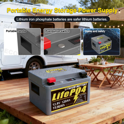 SOECOPO 12V 120Ah Portable LiFePO4 Battery 1536Wh LCD Screen USB Output for Home Camping Fishing Trolling Motor Power Bank